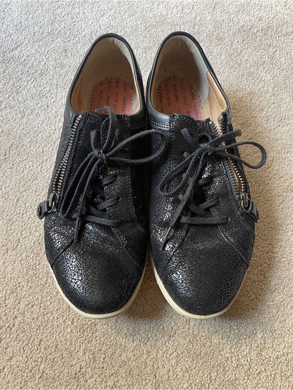 Luxury Women's Black Leather Lace-Up Sneakers with Side Zipper Detail